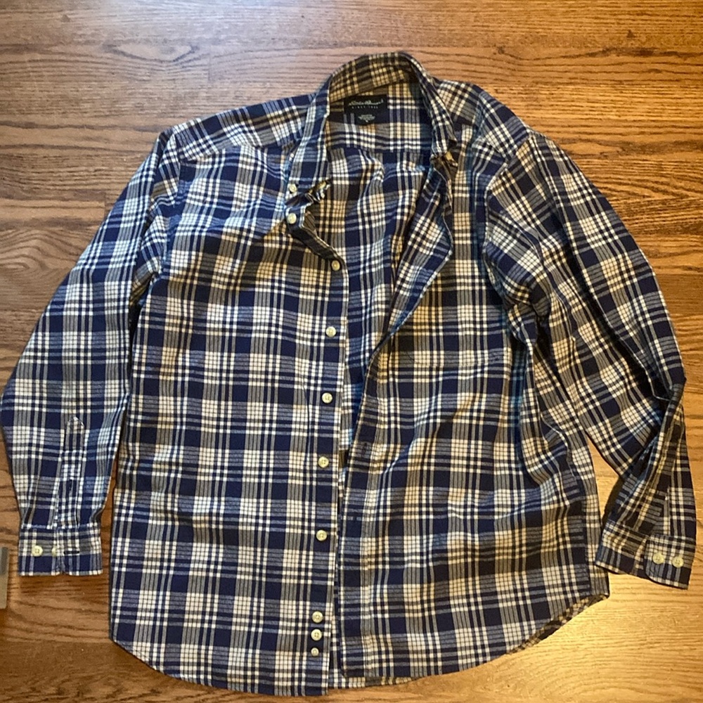 Eddie Bauer Navy and Cream Plaid Shirt